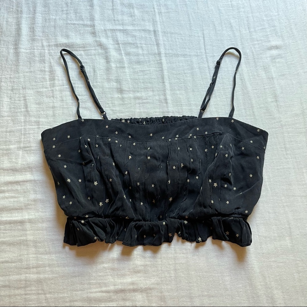 FiveSeventyFive black star print pleated cropped‎ ruffle tank top